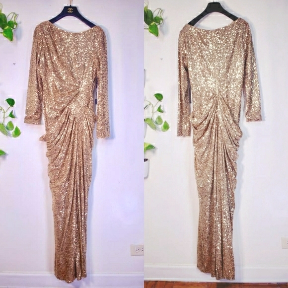 $899 NWT Badgley Mischka Gold Sequins Maxi Gown 14 - Picture 3 of 13